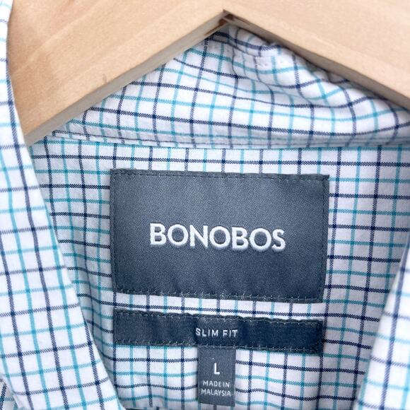 Bonobos Slim Fit Poplin Shirt Blue Green Plaid Button Down Cotton Mens Large - Picture 5 of 6